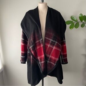 Simon Chang Wool Blend Open Shawl Cardigan Sweater Buffalo Plaid Oversized Small